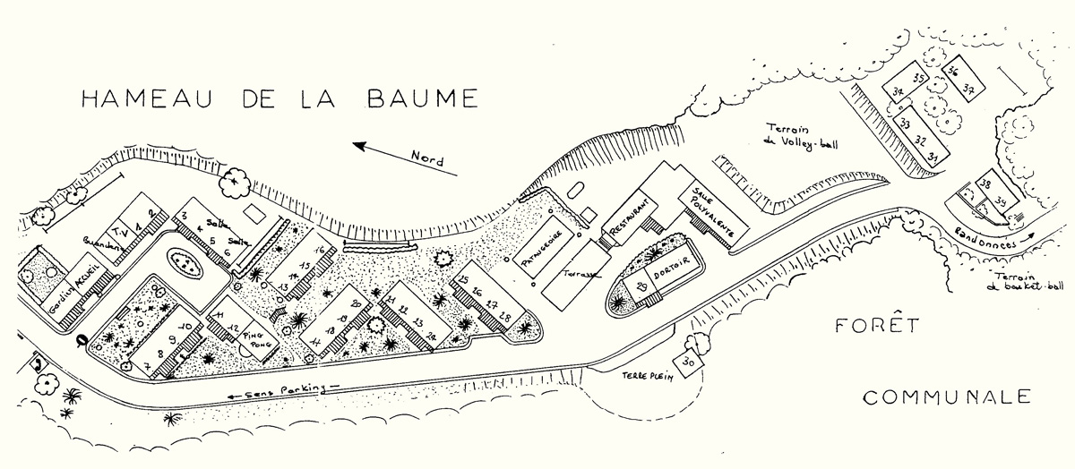 Plan interactif du hameau de la Baume - village vacances avec hébergements, espaces communs et forêt communale